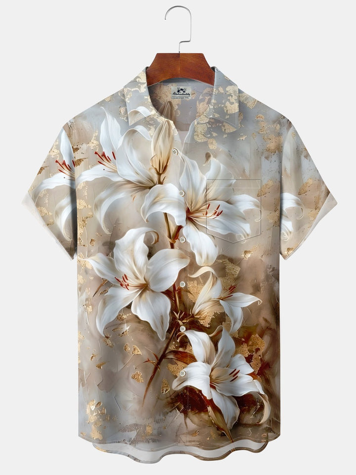 Alohadaddy® Hawaiian Flower Art Print Pockets Moisture Wicking Oversized Stretch Shirt
