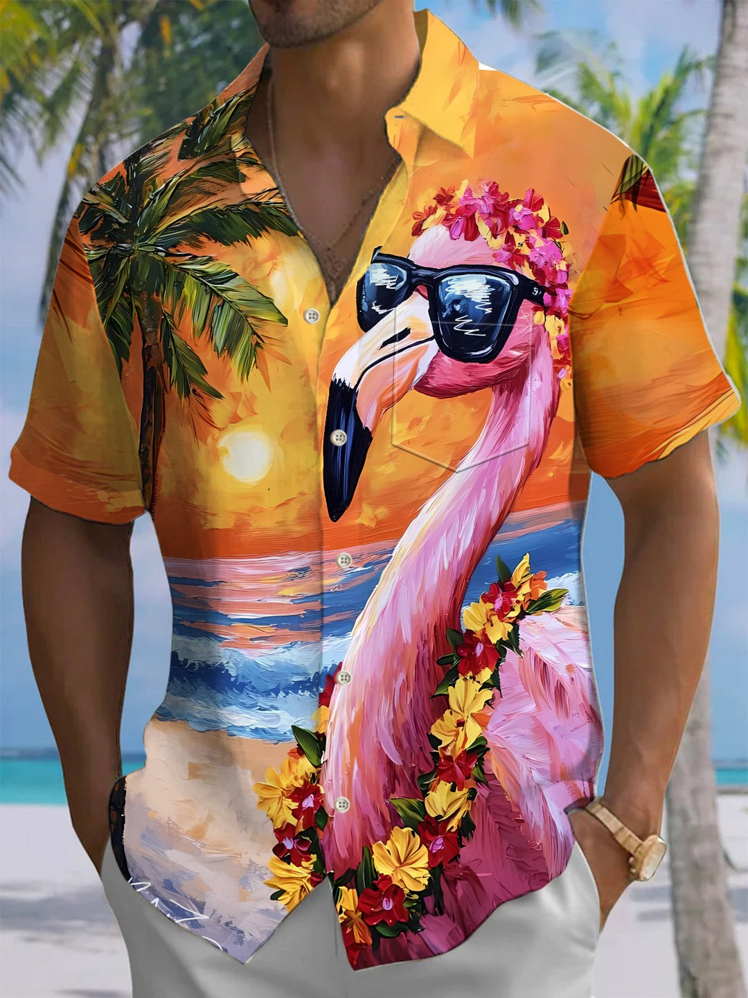 Alohadaddy® Hawaiian Flamingo Print Chest Pocket Stretch Men&