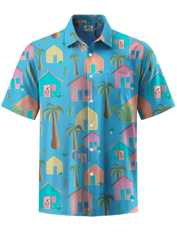 Alohadaddy® Hawaii Coconut Tree House Print Chest Pocket Mens Short Sleeve Shirt Big &amp; Tall