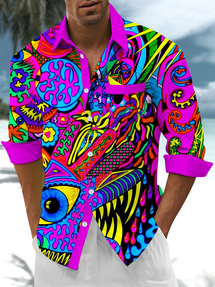 Alohadaddy® Hawaiian Abstract Art Print Chest Pocket Mens Long Sleeve Shirts Big &amp; Tall