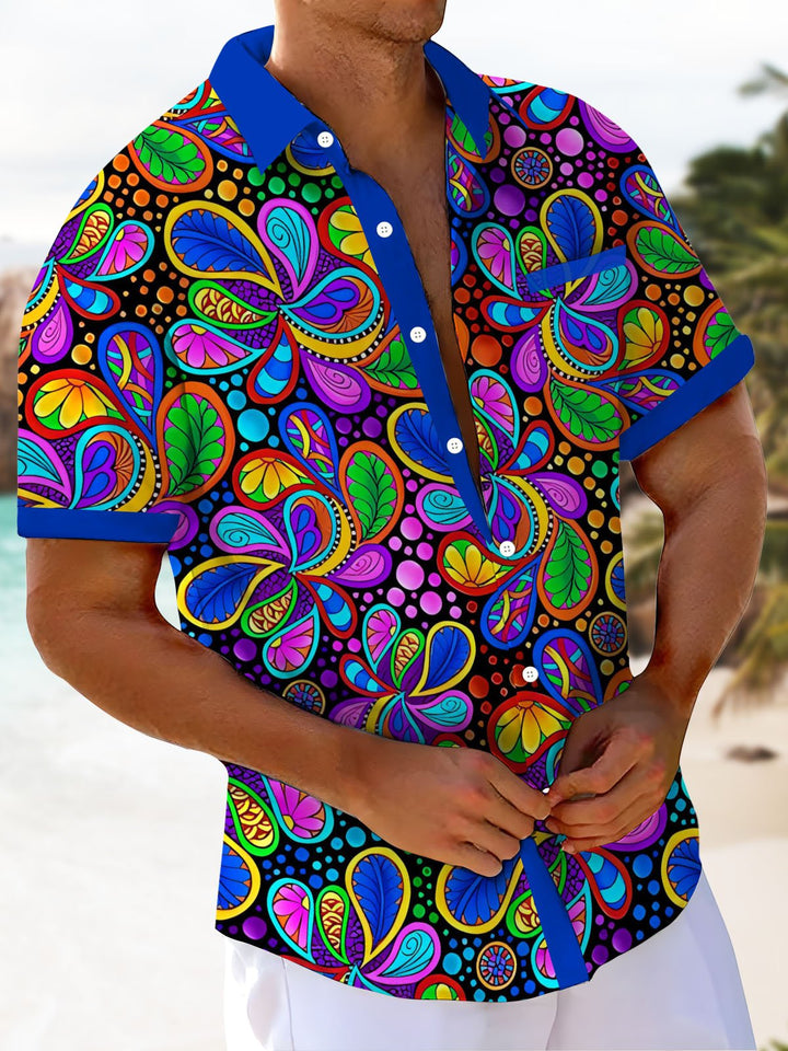 Alohadaddy® Casual Contrast Floral Art Print Chest Pocket Mens Wicking Short Sleeve Shirt Big &amp; Tall