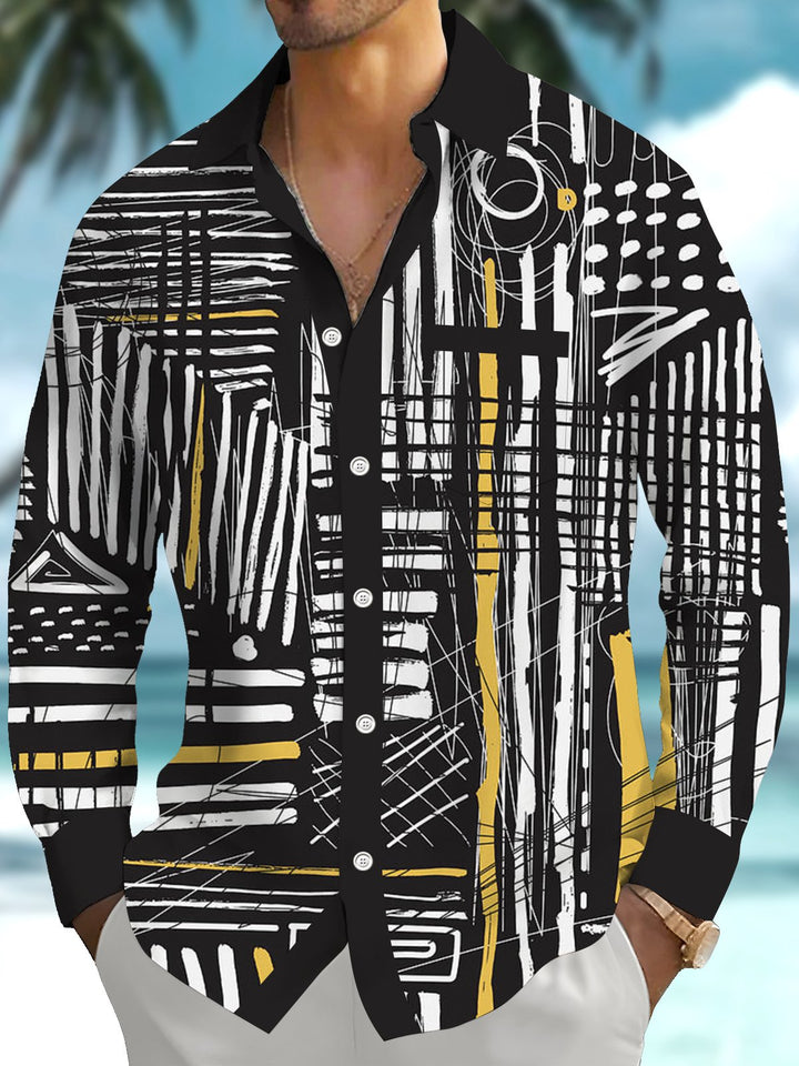 Alohadaddy® Casual Striped Contrast Art Print Chest Pocket Stretch Men&
