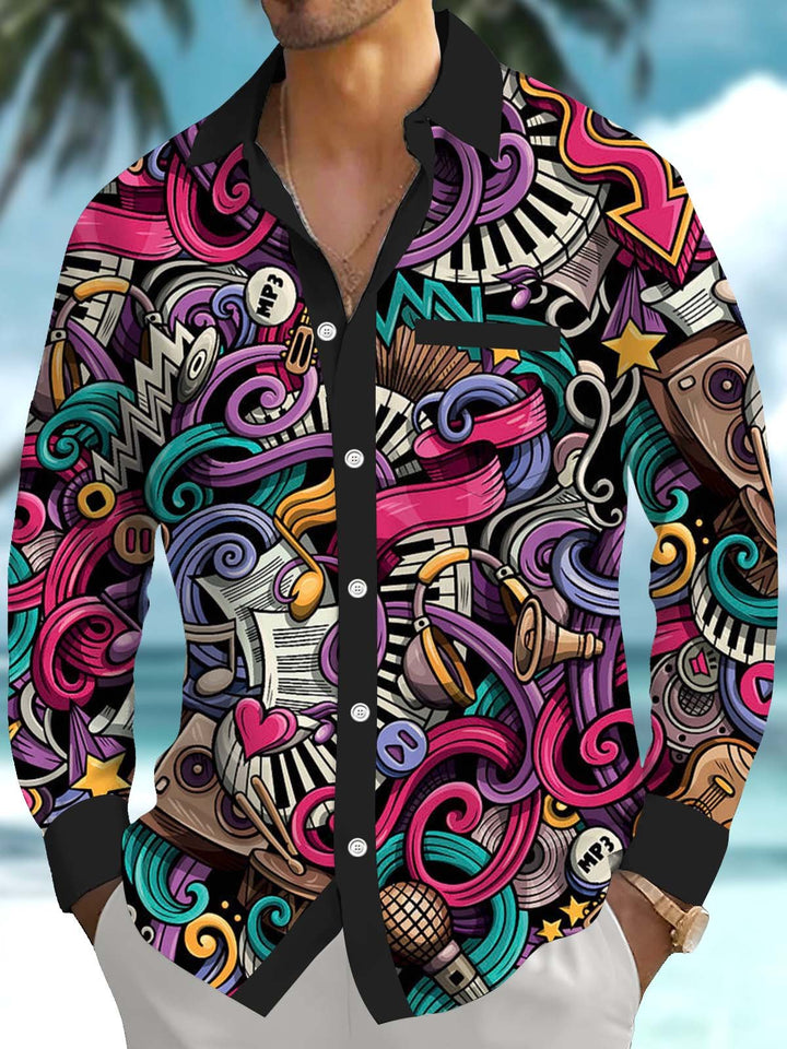 Alohadaddy® Casual Graffiti Contrast Art Print Chest Pocket Stretch Men&