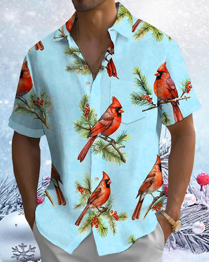 Alohadaddy® Christmas Cardinal Print Short Sleeve Shirt for Men with Elastic Buttons and Pockets Big &amp; Tall