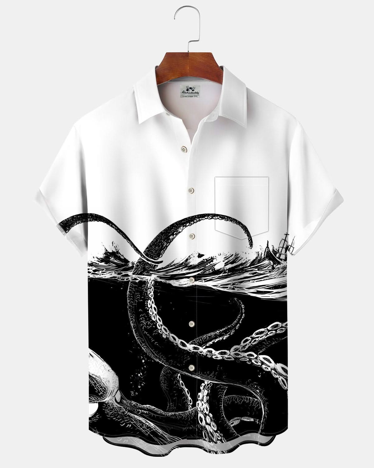 Alohadaddy® Casual Octopus Wave Art Print Pocket Elastic Button Men's Short Sleeve Shirt Big & Tall
