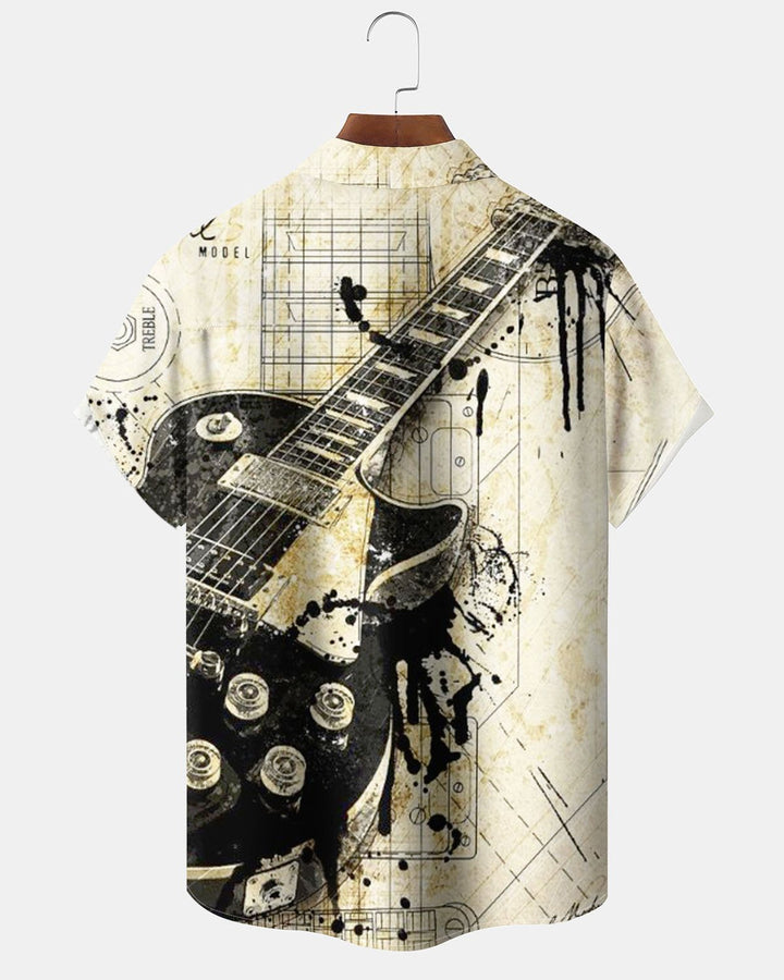 Alohadaddy® Vintage Musical Instrument Guitar Print Art Pocket Button-Down Short-Sleeve Shirt for Men Big &amp; Tall