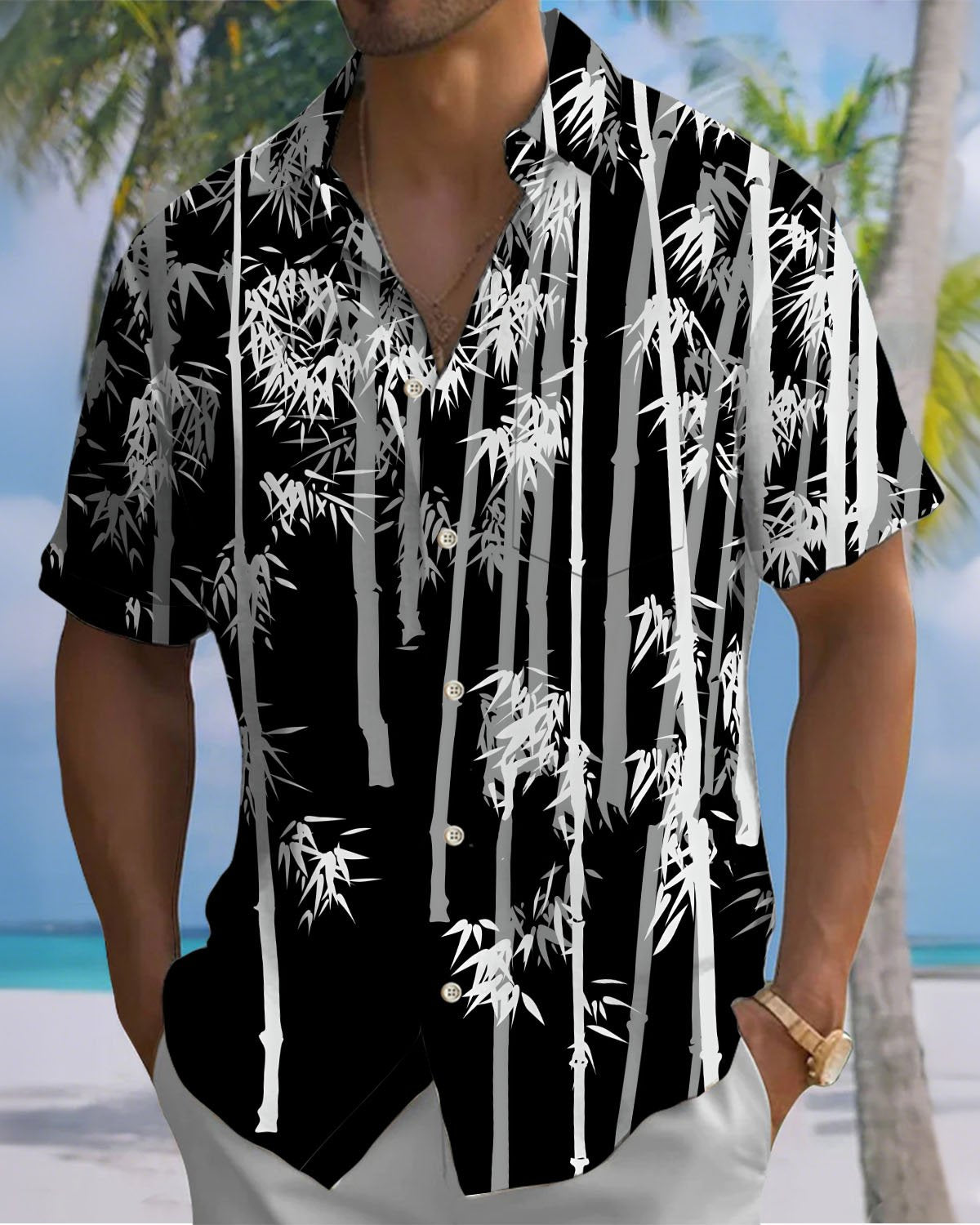 Alohadaddy® Casual Bamboo Print Art Button-Down Cardigan Men's Short-Sleeve Shirt Big & Tall
