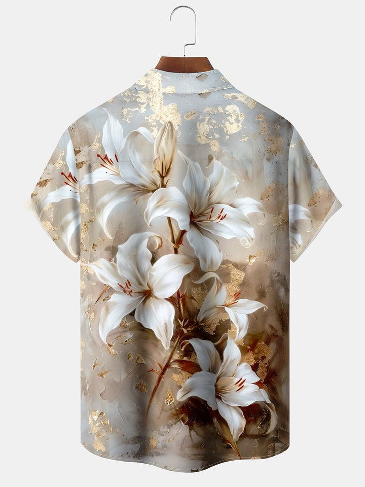 Alohadaddy® Hawaiian Flower Art Print Pockets Moisture Wicking Oversized Stretch Shirt