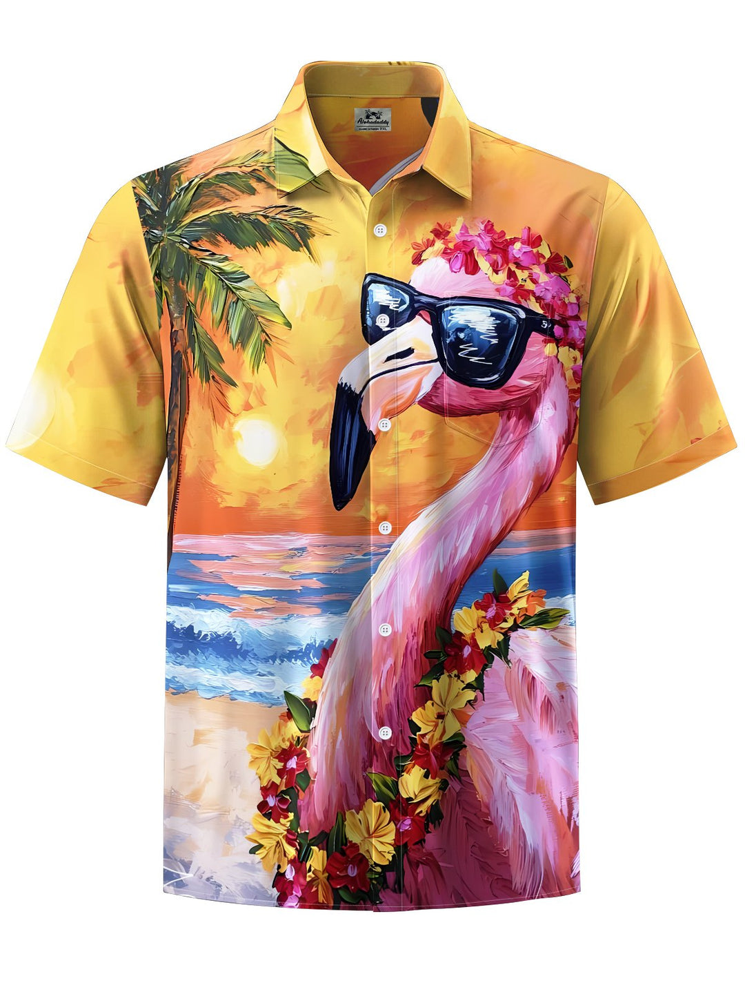 Alohadaddy® Hawaiian Flamingo Print Chest Pocket Stretch Men&