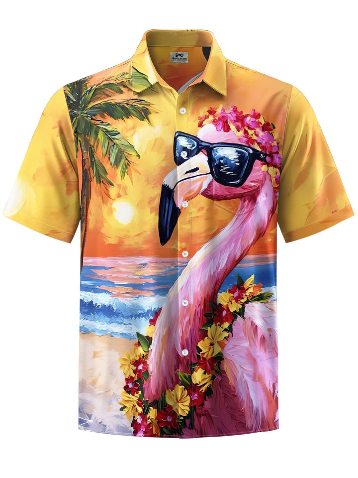 Alohadaddy® Hawaiian Flamingo Print Chest Pocket Stretch Men&