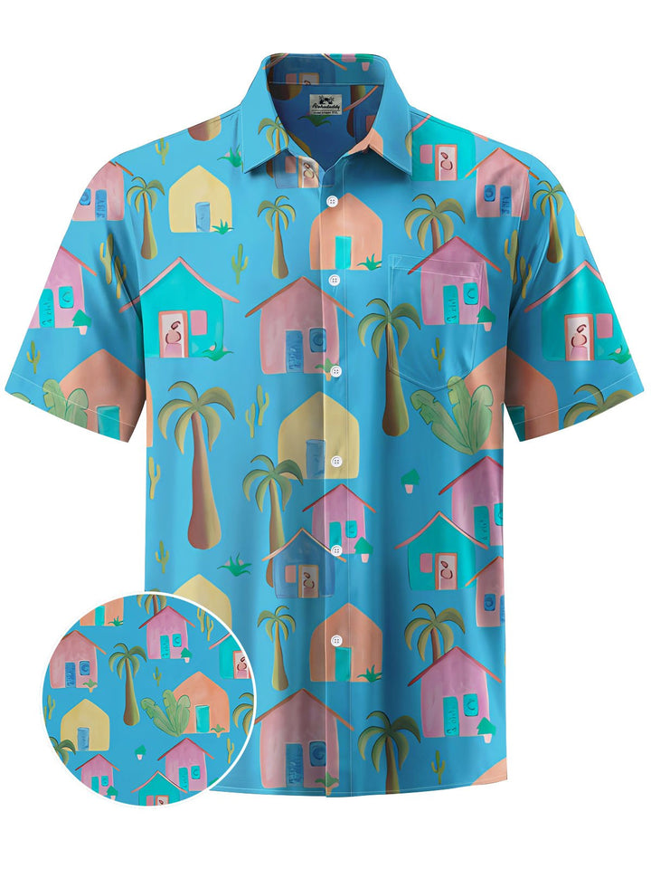 Alohadaddy® Hawaii Coconut Tree House Print Chest Pocket Mens Short Sleeve Shirt Big &amp; Tall