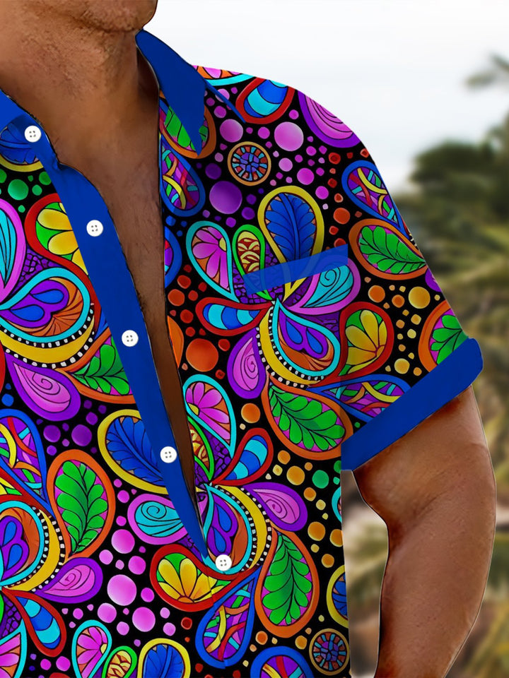 Alohadaddy® Casual Contrast Floral Art Print Chest Pocket Mens Wicking Short Sleeve Shirt Big &amp; Tall