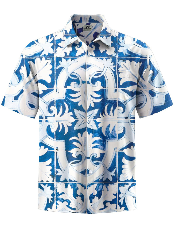 Alohadaddy® Hawaiian Geometric Art Print Chest Pocket Stretch Men&