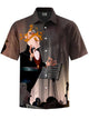 Alohadaddy® Retro Cartoon Medieval Concert Print Art Elastic Pocket Button Men's Short Sleeve Shirt Big & Tall