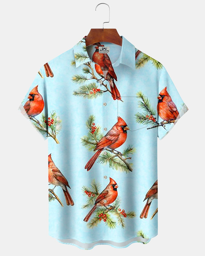 Alohadaddy® Christmas Cardinal Print Short Sleeve Shirt for Men with Elastic Buttons and Pockets Big &amp; Tall