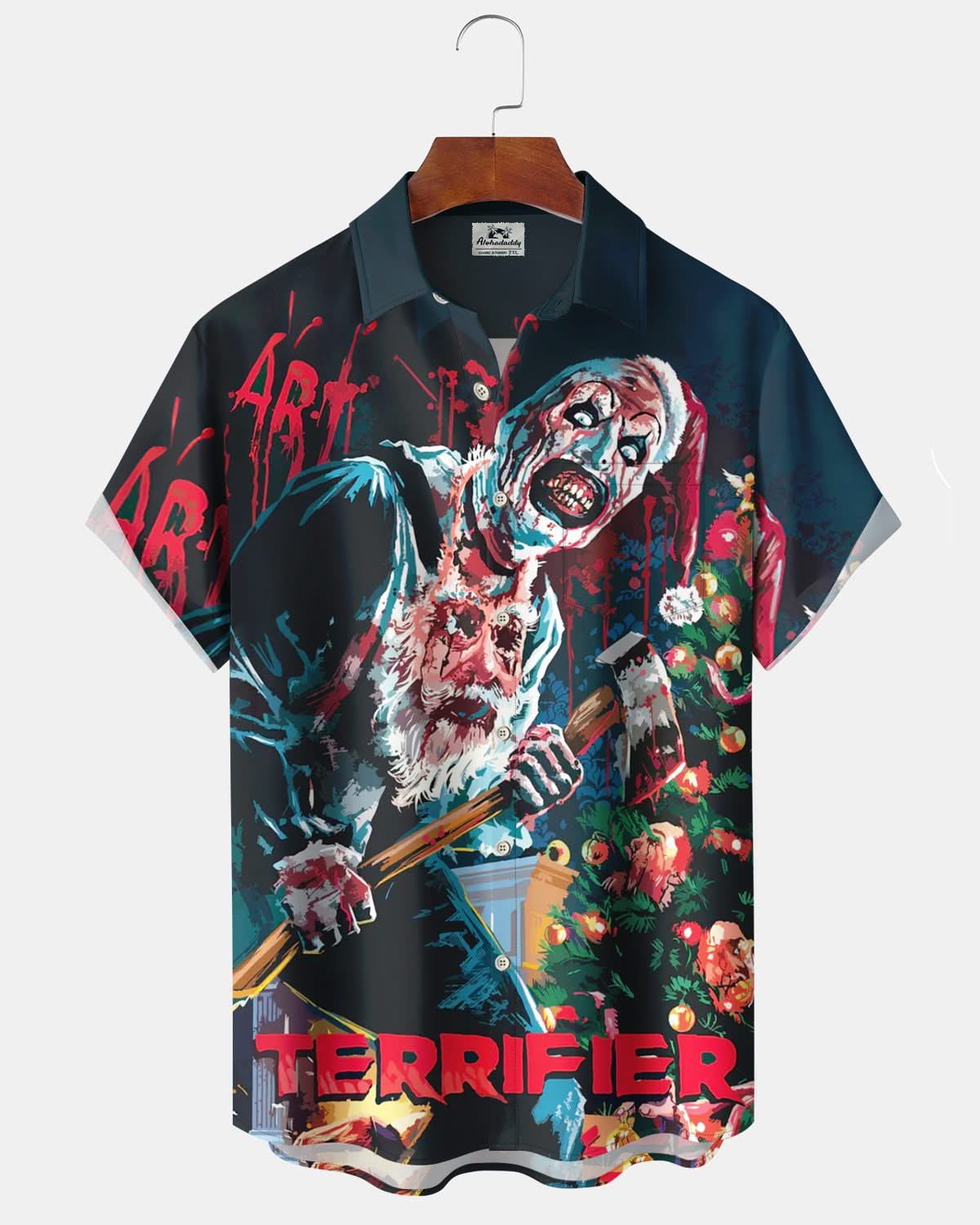 Alohadaddy® Retro Christmas Scary Santa Print Art Pocket Button Stretch Men's Short Sleeve Shirt Big & Tall