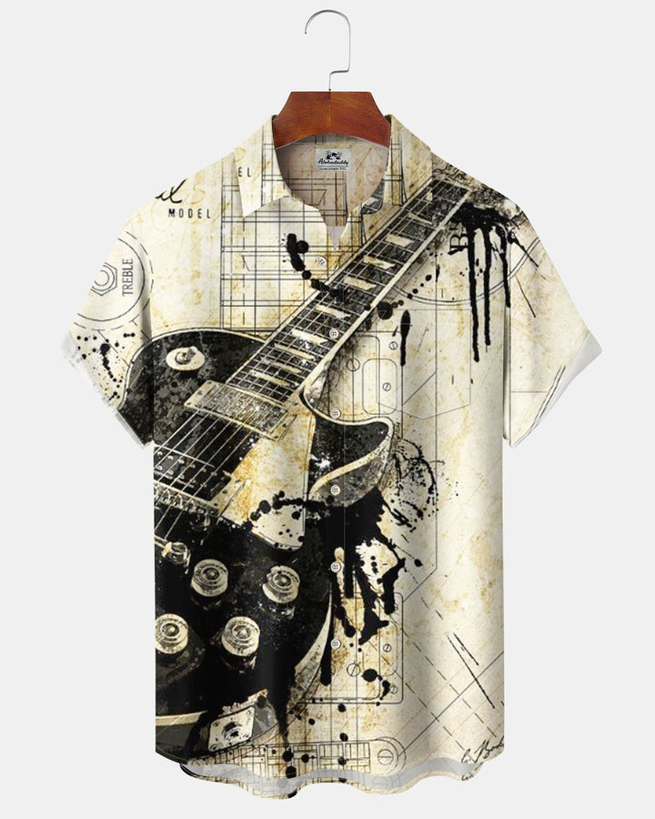 Alohadaddy® Vintage Musical Instrument Guitar Print Art Pocket Button-Down Short-Sleeve Shirt for Men Big &amp; Tall