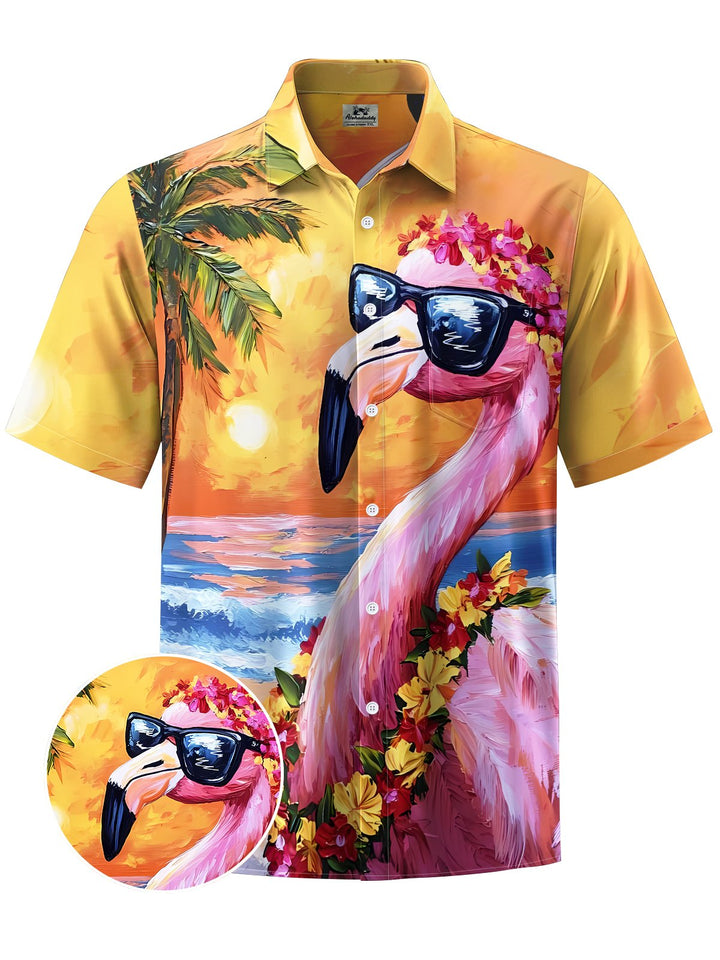 Alohadaddy® Hawaiian Flamingo Print Chest Pocket Stretch Men&
