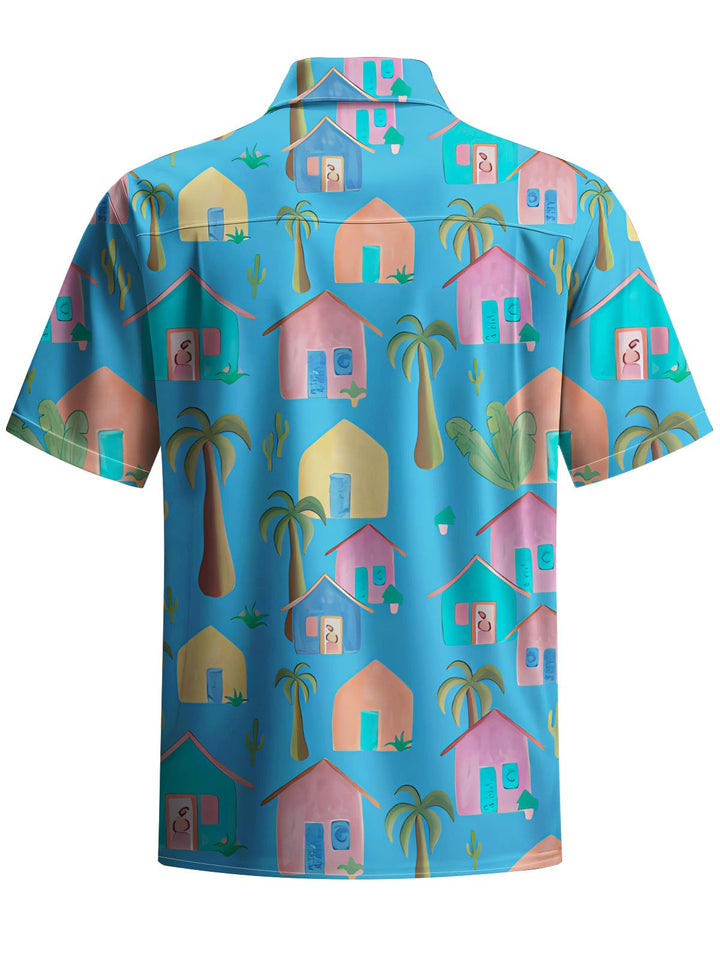 Alohadaddy® Hawaii Coconut Tree House Print Chest Pocket Mens Short Sleeve Shirt Big &amp; Tall