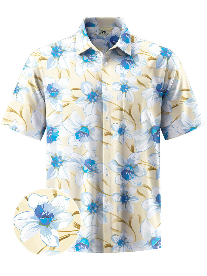 Alohadaddy® Hawaiian Flower Art Print Chest Pocket Moisture Wicking Men&