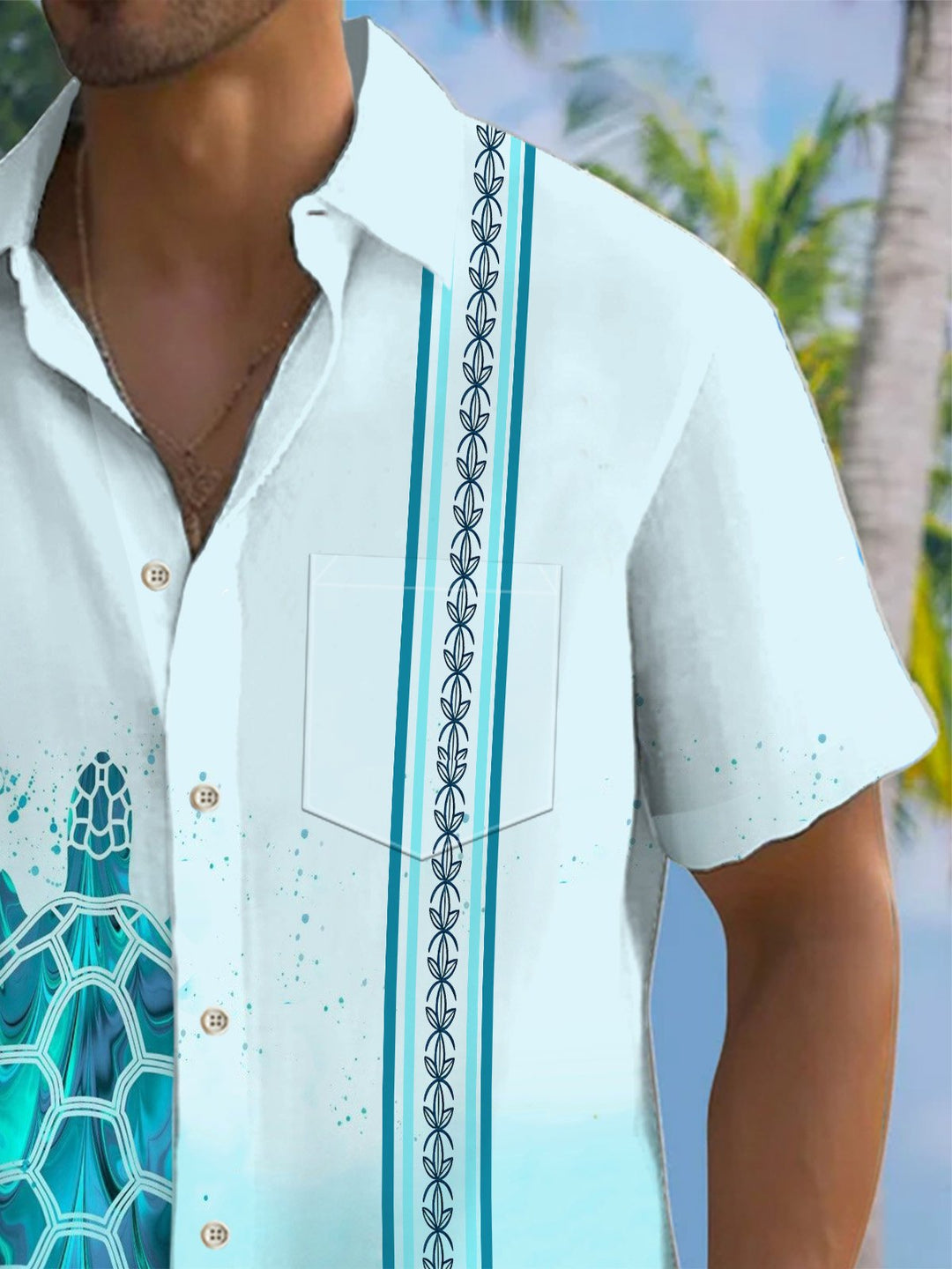Alohadaddy® Hawaiian Stripes Turtle Art Print Chest Pocket Mens Short Sleeve Shirts Big &amp; Tall