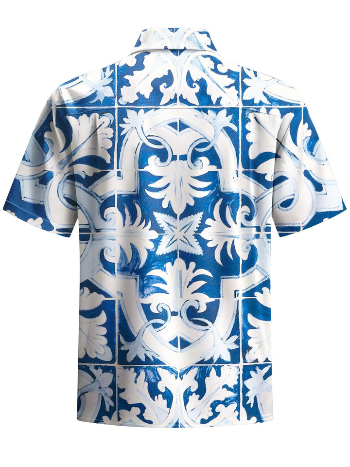 Alohadaddy® Hawaiian Geometric Art Print Chest Pocket Stretch Men&