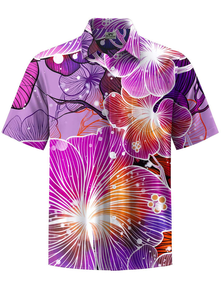 Alohadaddy® Hawaiian Floral Art Print Chest Pocket Stretch Men&