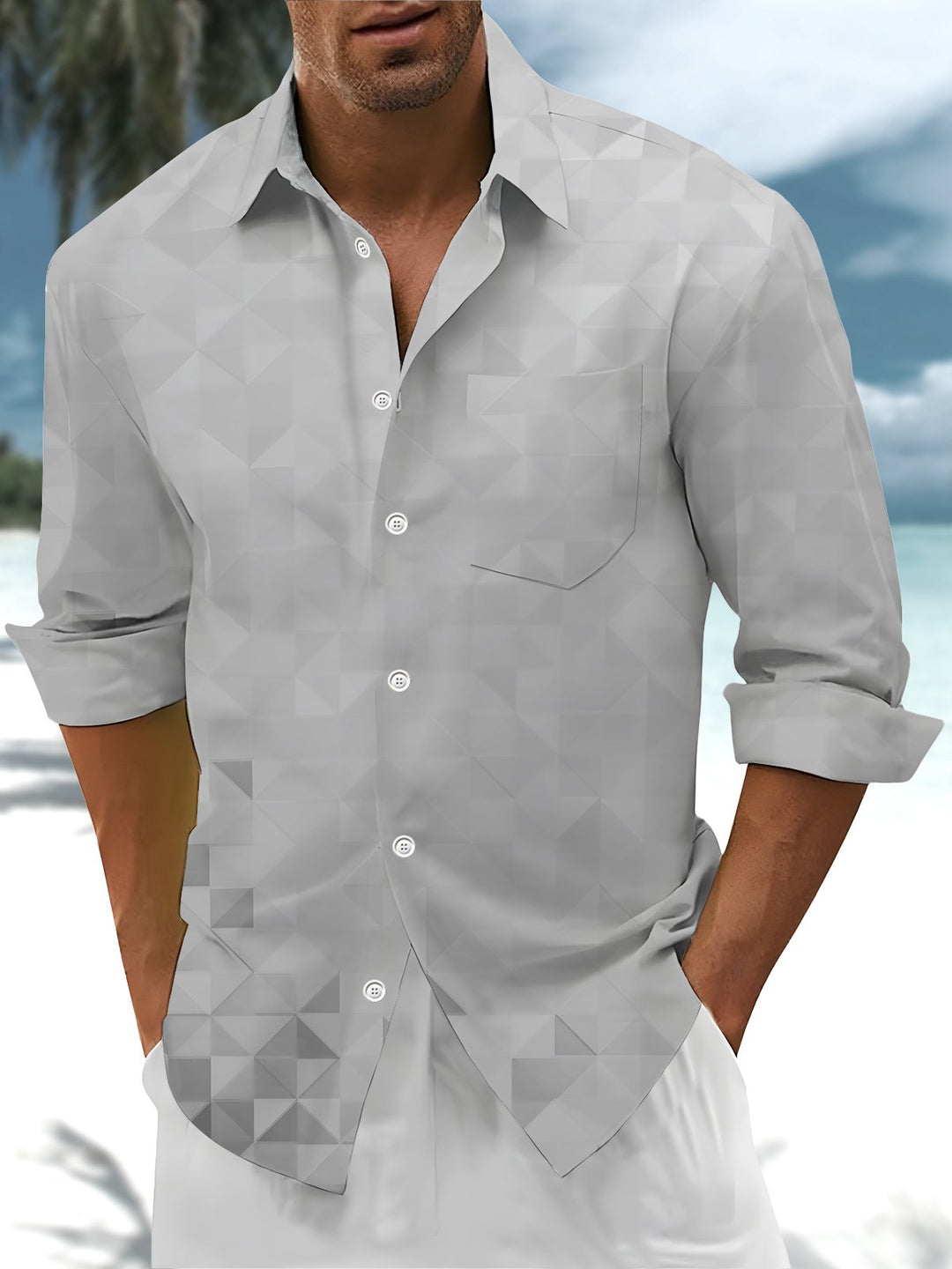 Alohadaddy® Casual Geometric Art Print Chest Pocket Stretch Men&