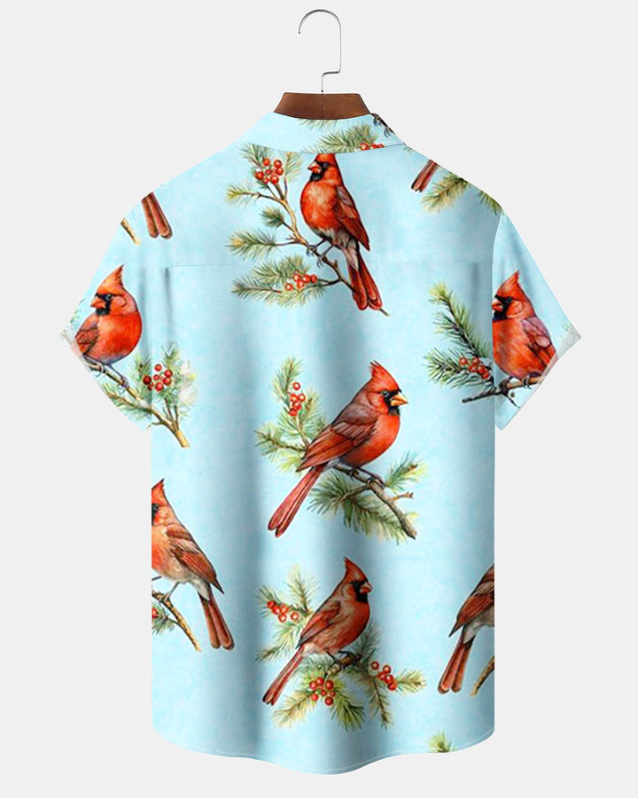 Alohadaddy® Christmas Cardinal Print Short Sleeve Shirt for Men with Elastic Buttons and Pockets Big &amp; Tall