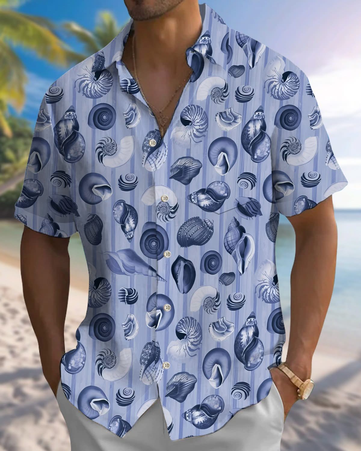 Alohadaddy® Retro Conch Arrangement Art Pocket Elastic Button Men's Short Sleeve Shirt Big & Tall