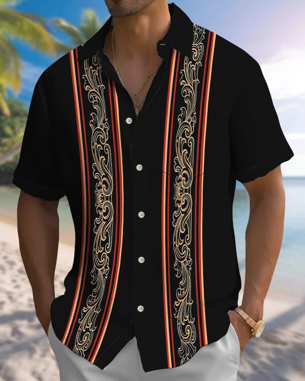 Alohadaddy® Casual Striped Pattern Print Button Pocket Stretch Men's Short Sleeve Shirt Big & Tall