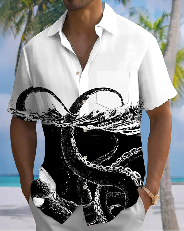 Alohadaddy® Casual Octopus Wave Art Print Pocket Elastic Button Men&