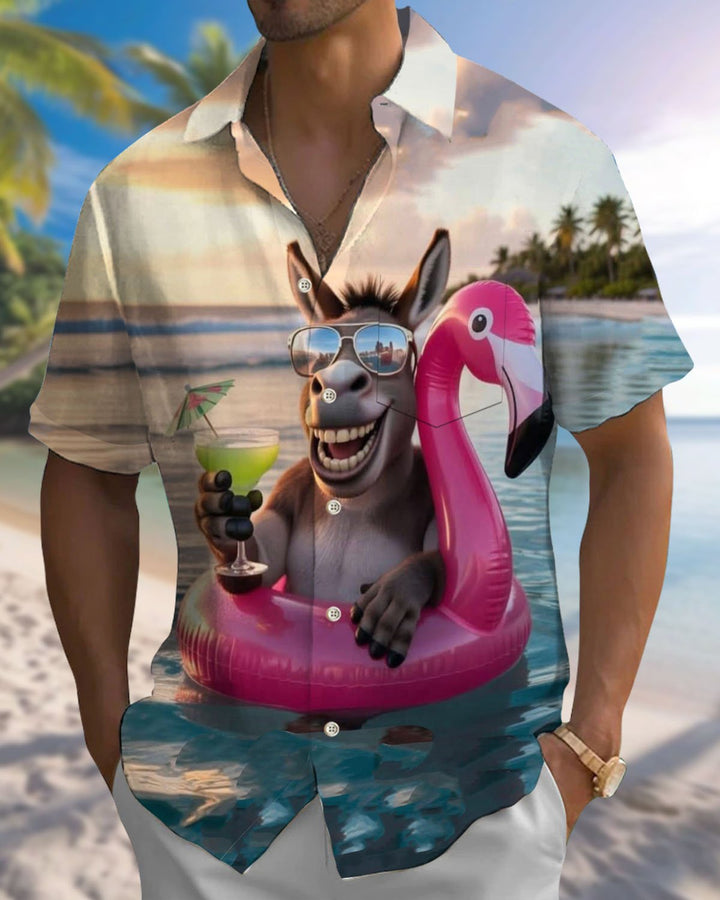 Alohadaddy® Hawaiian Vacation Fun Donkey Print Art Button Cardigan with Pockets Men&