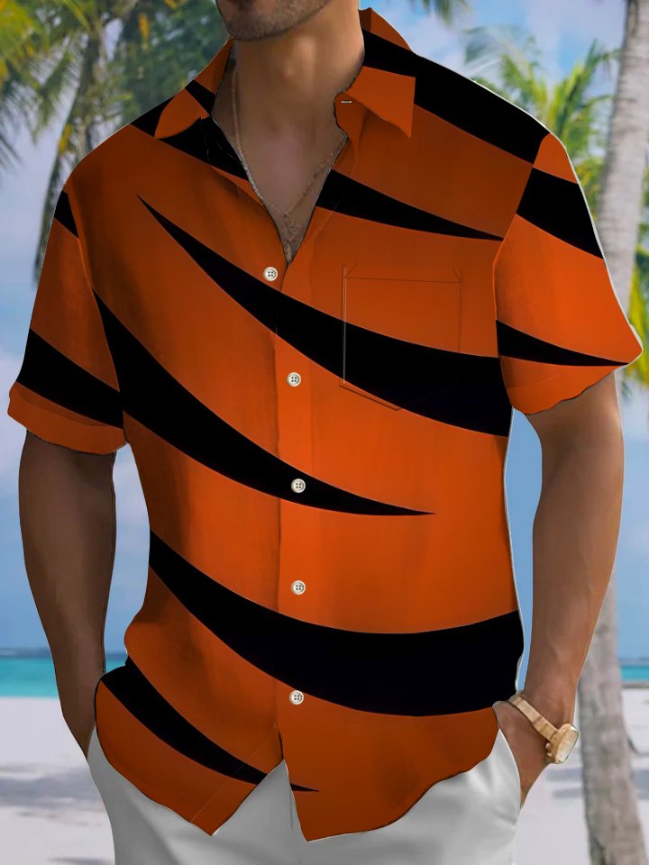 Alohadaddy Casual Everyday Stripes Geometric Print Art Stretch Oversized Button Cardigan Polyester Short Sleeve Shirt