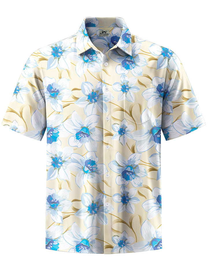 Alohadaddy® Hawaiian Flower Art Print Chest Pocket Moisture Wicking Men&