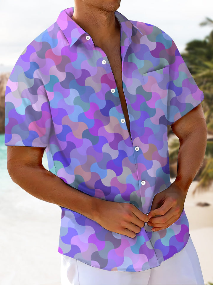 Alohadaddy® Hawaiian Casual Geometric Art Print Chest Pocket Men&