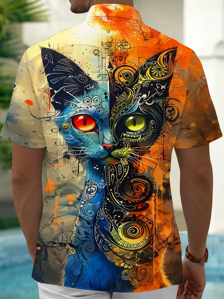 Alohadaddy® Casual Vintage Cat Art Print Chest Pocket Men&