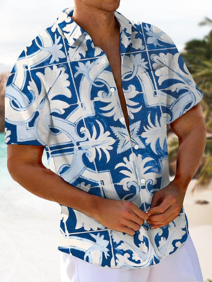 Alohadaddy® Hawaiian Geometric Art Print Chest Pocket Stretch Men&