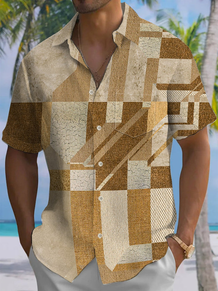 Alohadaddy® Casual Geometric Art Print Chest Pocket Stretch Men&