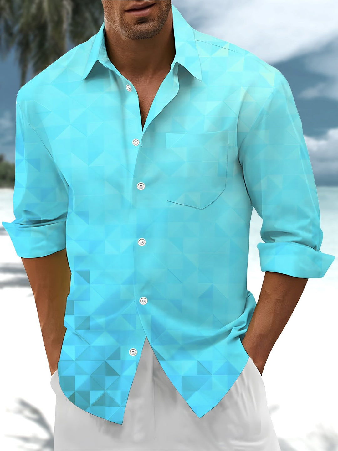 Alohadaddy® Casual Geometric Art Print Chest Pocket Stretch Men&