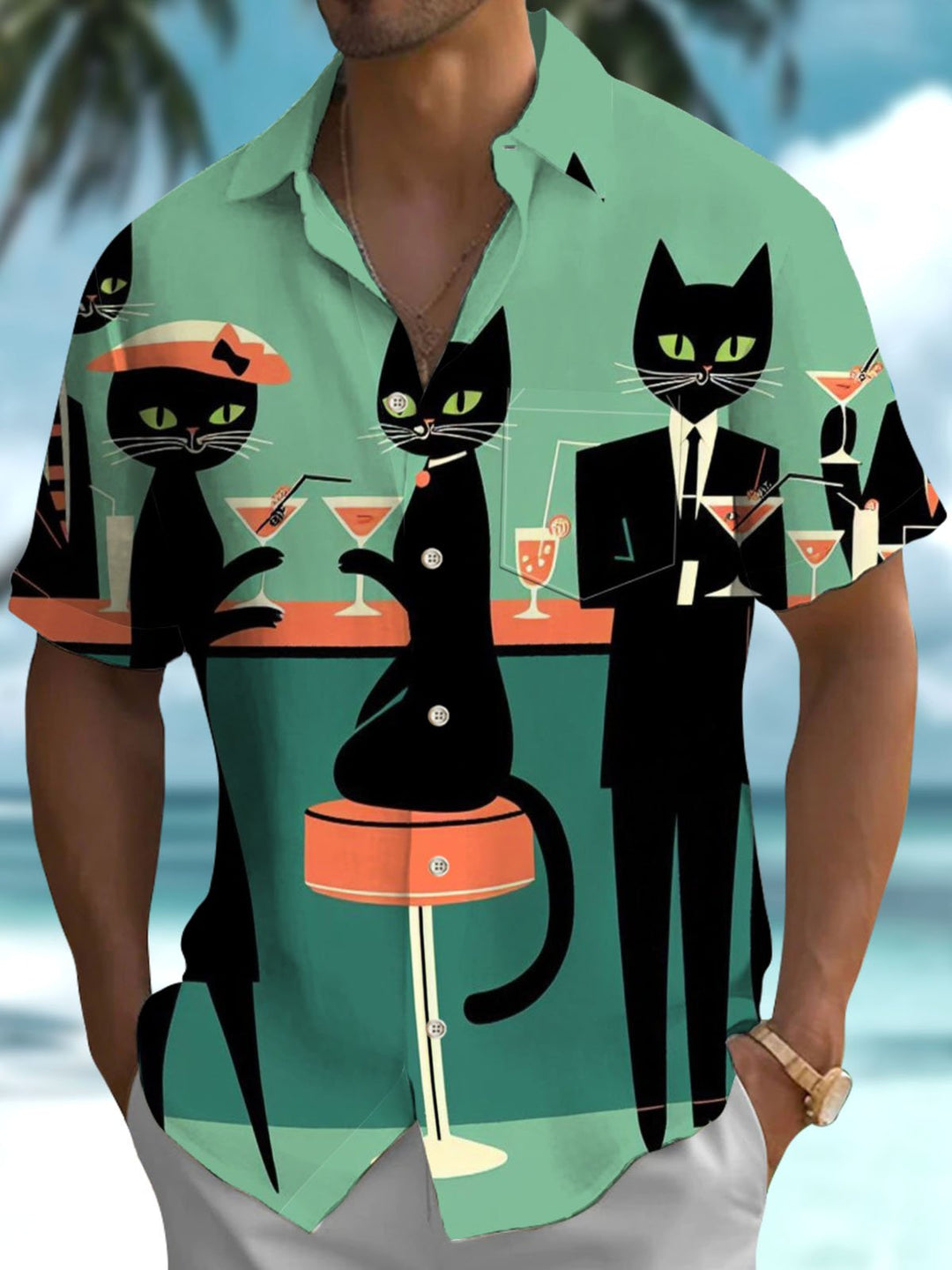 Alohadaddy® Vintage Cat Print Pocket Stretch Men&