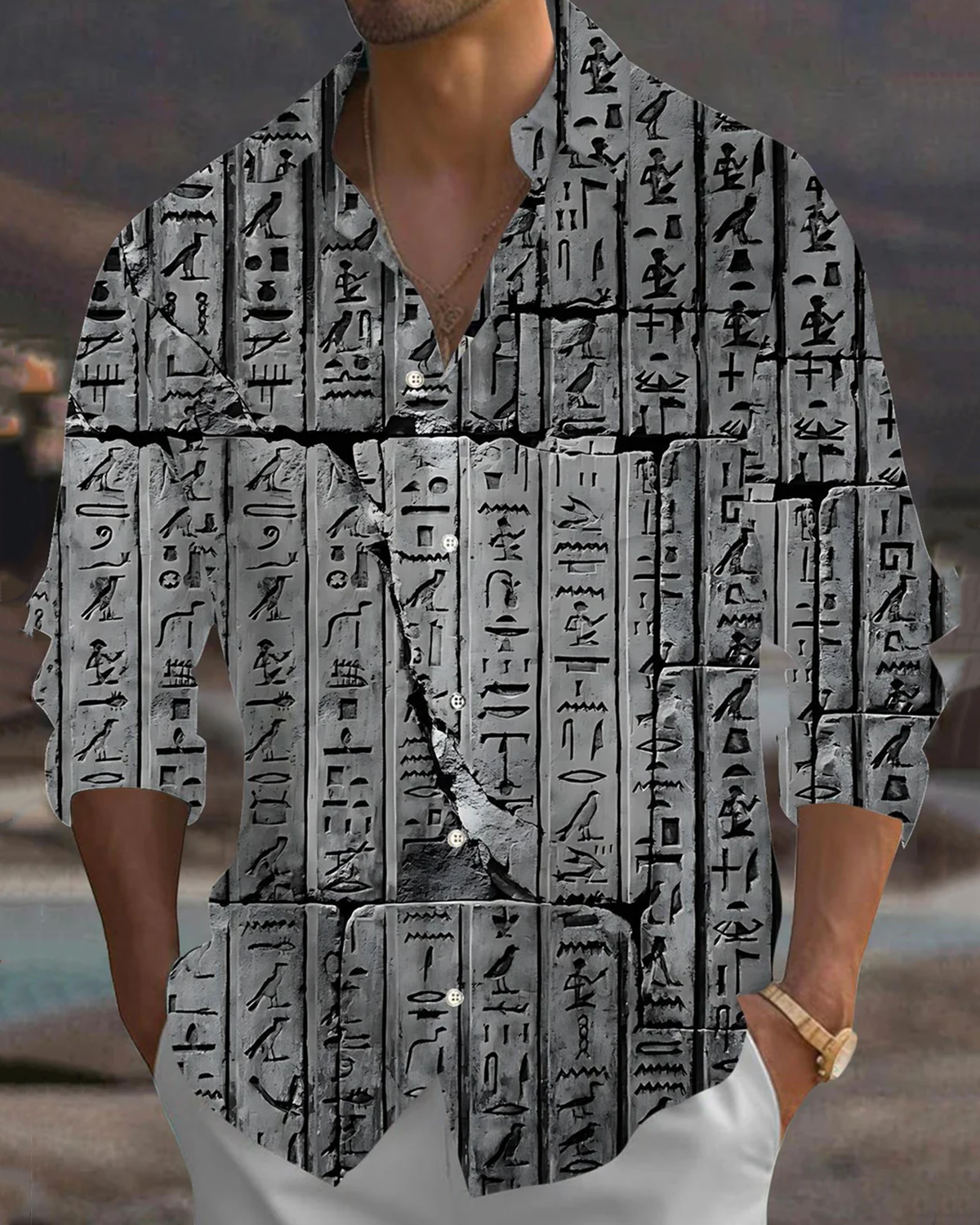 Alohadaddy® Vintage Egyptian Hieroglyphic Print Art Pockets with Elastic Buttons Men's Short-Sleeve Shirt Big & Tall