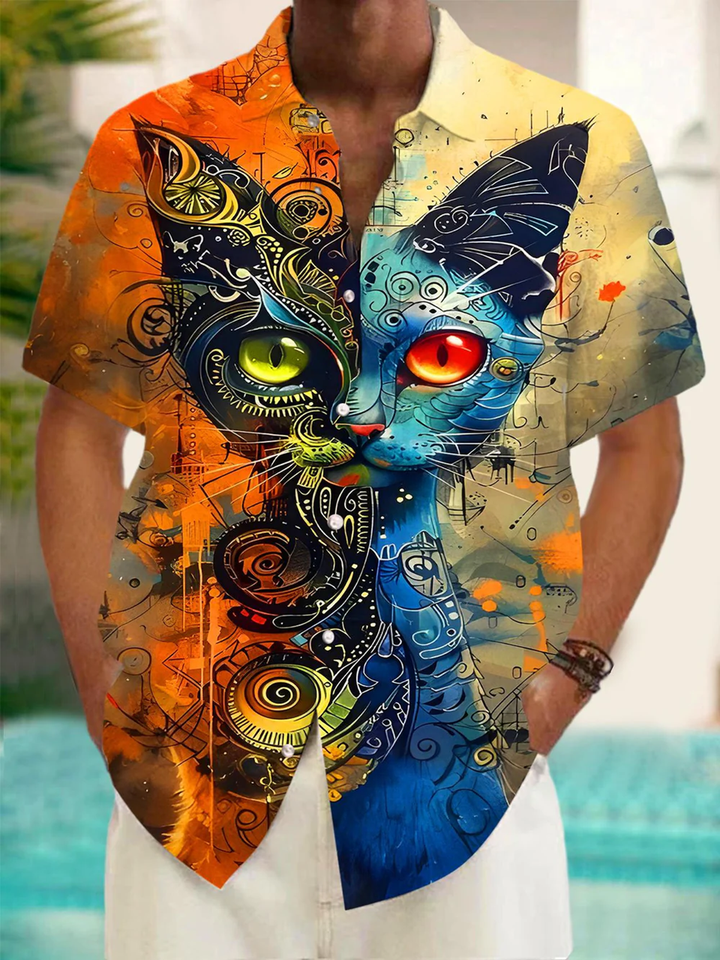 Alohadaddy® Casual Vintage Cat Art Print Chest Pocket Men&
