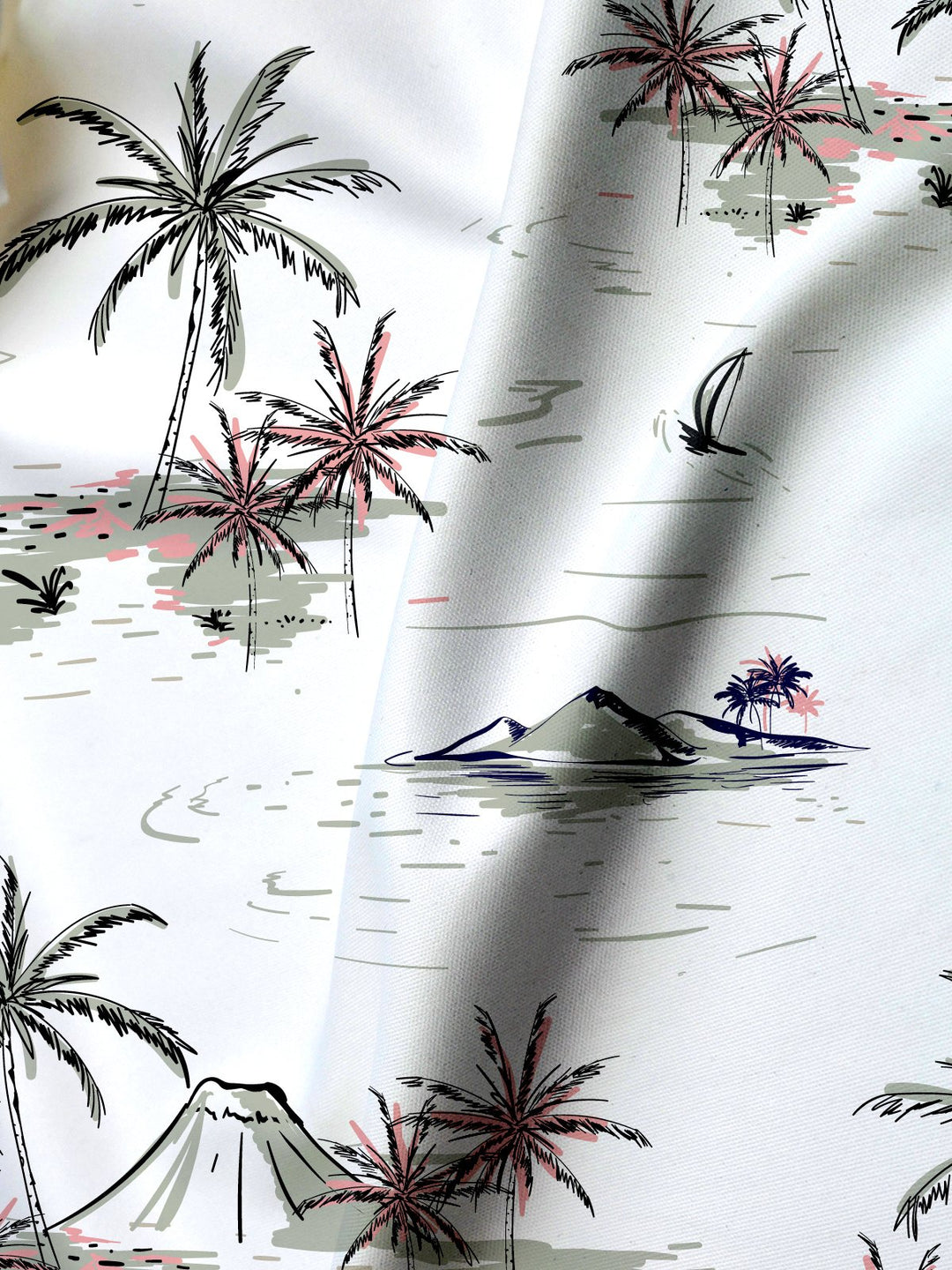 Alohadaddy Cotton Palm Tree Volcano Art Print Moisture Wicking Chest Pocket Oversized Stretch Hawaiian Short Sleeve Shirt