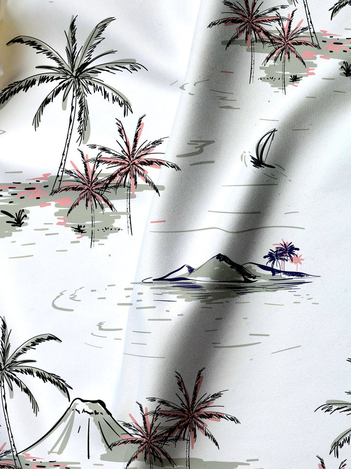 Alohadaddy Cotton Palm Tree Volcano Art Print Moisture Wicking Chest Pocket Oversized Stretch Hawaiian Short Sleeve Shirt