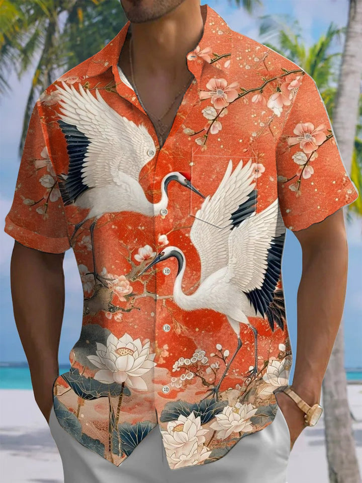 Alohadaddy® Vintage Crane Art Print Chest Pocket Moisture Wicking Men&