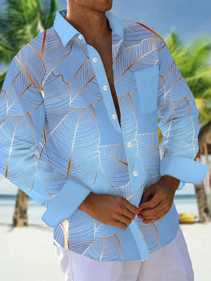 Alohadaddy® Hawaiian Leaves Art Print Chest Pocket Mens Long Sleeve Shirt Big &amp; Tall