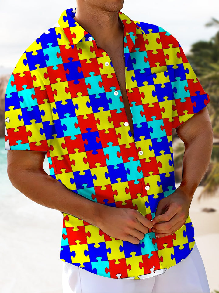 Alohadaddy® Casual Geometric Puzzle Art Print Chest Pocket Men&