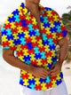 Alohadaddy® Casual Geometric Puzzle Art Print Chest Pocket Men's Stretch Short Sleeve Shirt Big & Tall