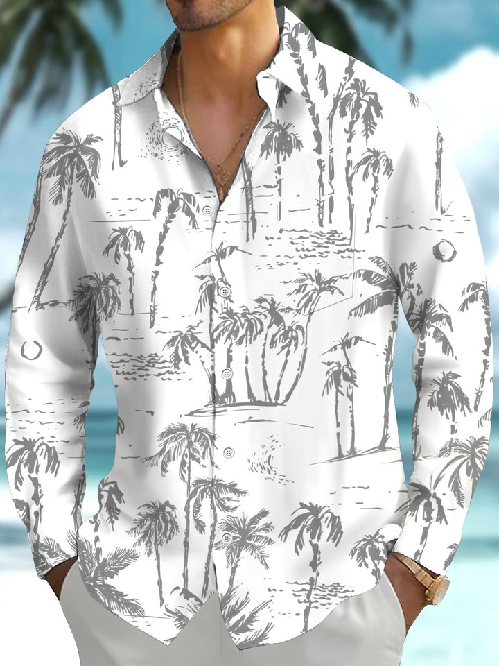 Alohadaddy® Casual Palm Tree Art Print Chest Pocket Stretch Men&